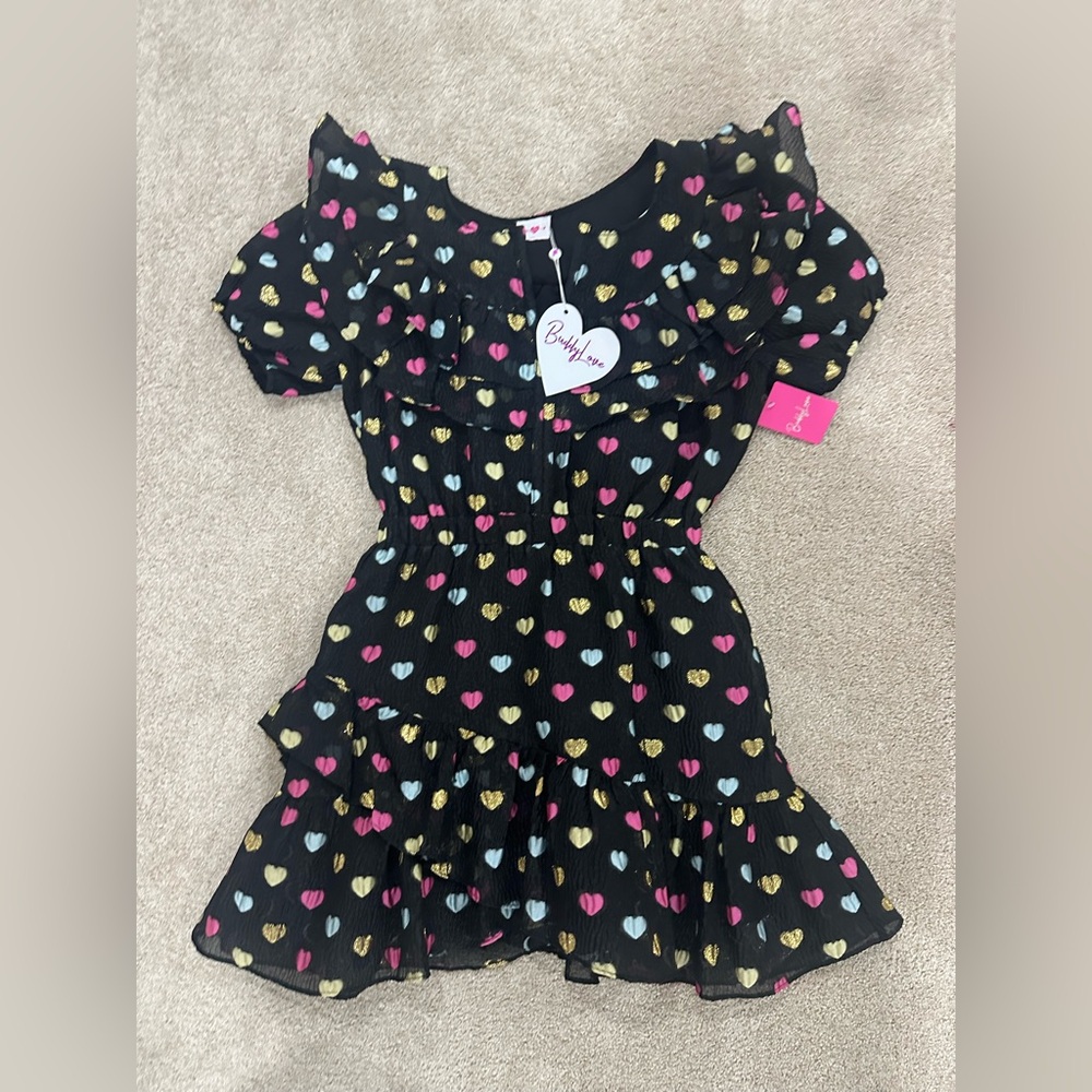 Buddy Love Black Mini Dress with Pink, Gold & Blue Heart Print